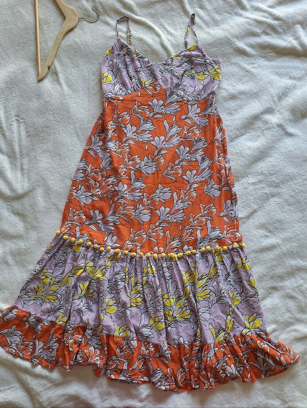 Farm Rio for Anthropologie Culebra Floral Maxi Dress Pompom Orange Purple XS